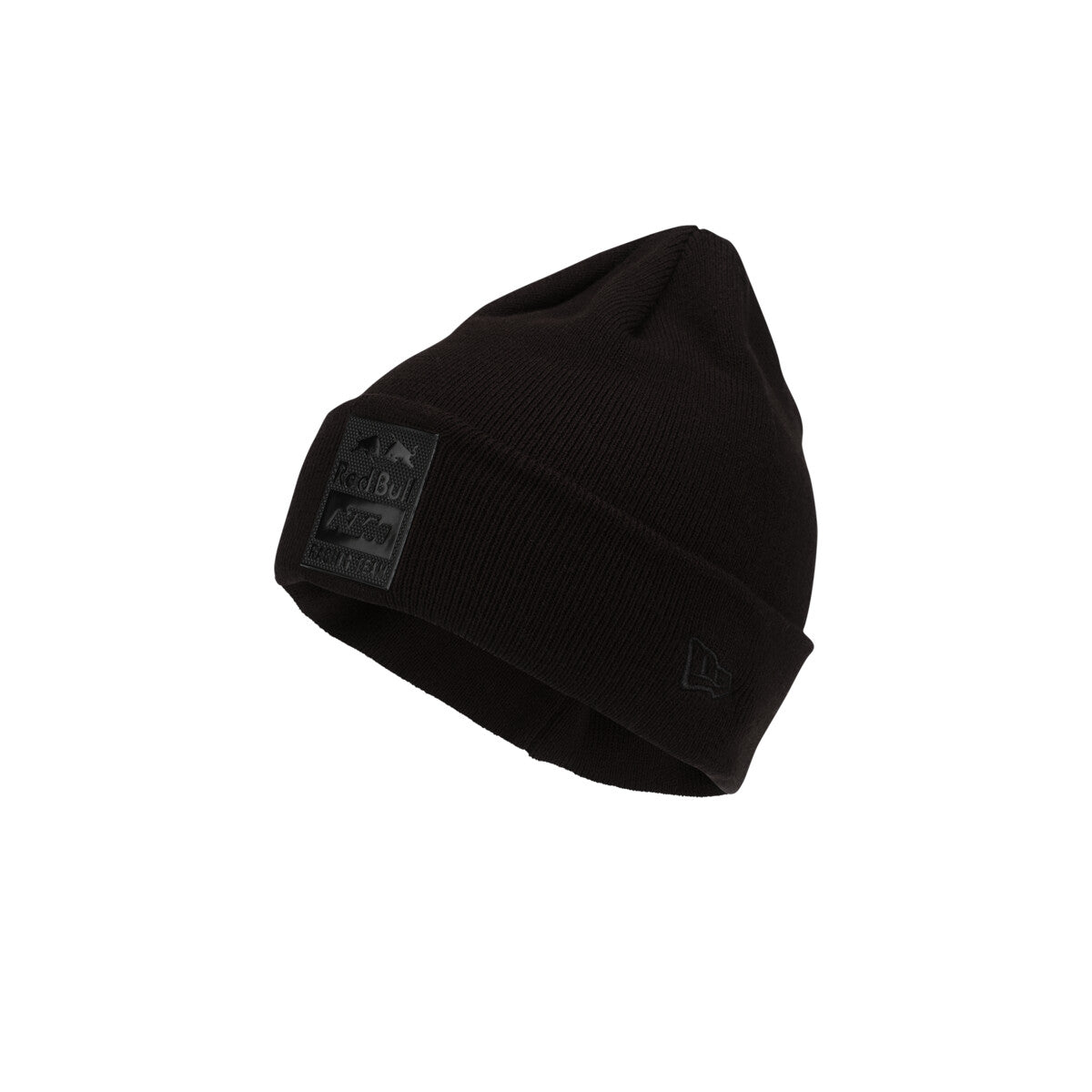 Black beanie with a logo patch on a white background