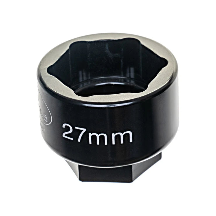 Black and silver socket tool with '27mm' marking on a white background