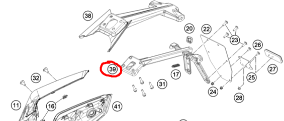 Black and white exploded parts diagram showing various plastic body panels and trim pieces for a motorcycle or scooter, with numbered callouts.