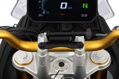 Wunderlich device carrier for handlebar clamp with handlebar riser – F 450 GS