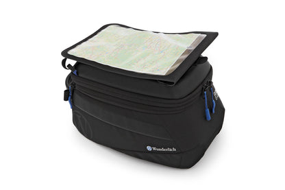Black travel bag with a map on a white background