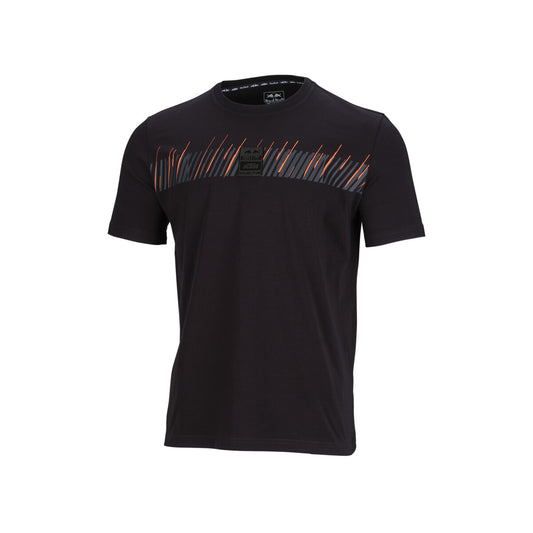 Black t-shirt with colorful design on a white background