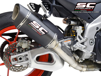 Aprilia TUONO V4 (2021-2024) - Factory SC1-R Muffler (250mm), carbon fiber end cap, with titanium exhaust valve