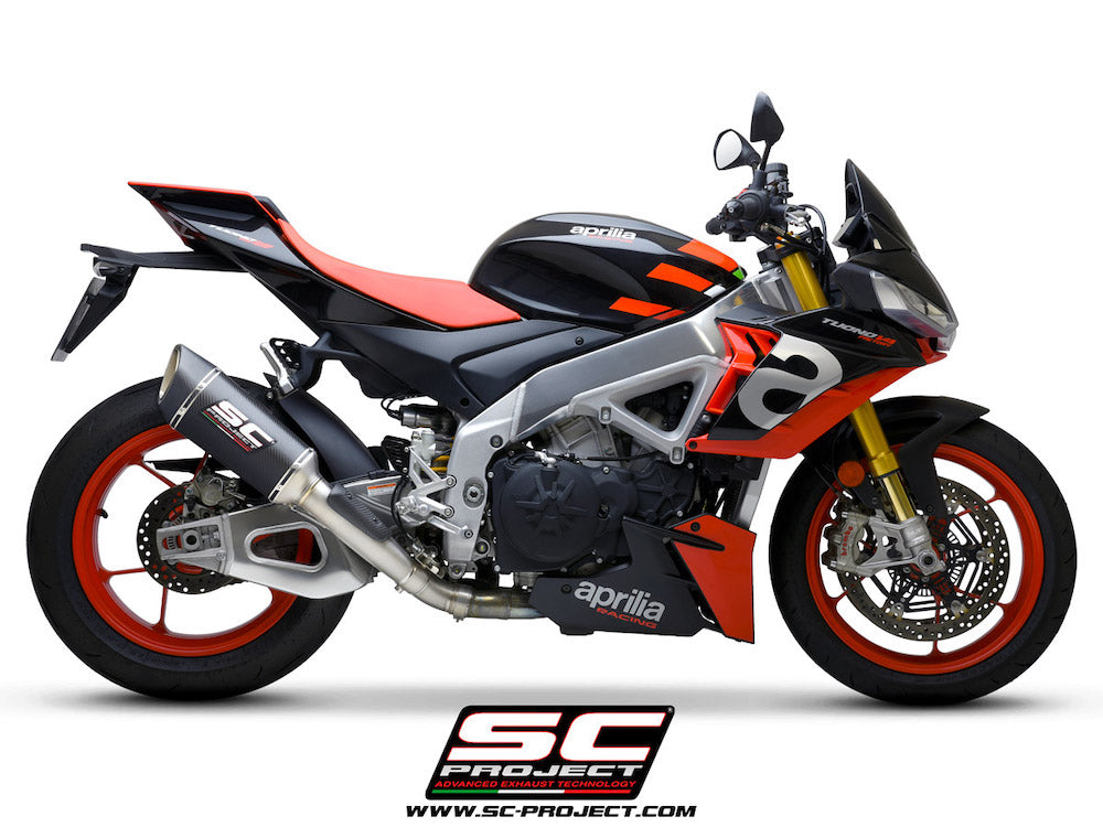Aprilia TUONO V4 (2021-2024) - Factory SC1-R Muffler (250mm), carbon fiber end cap, with titanium exhaust valve