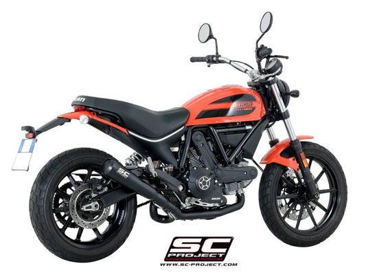 DUCATI SCRAMBLER 400 (2016 - 2019) Full Exhaust System 2-1, with 70s conical Muffler, black brushed stainless Steel