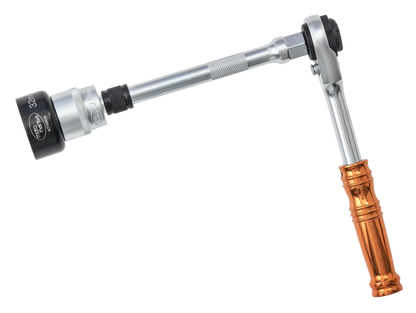 Torque wrench with orange handle on a white background