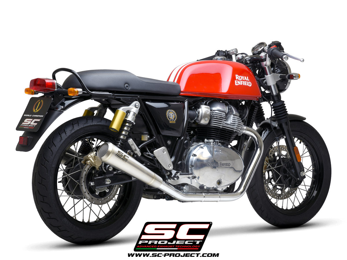 Royal Enfield CONTINENTAL GT 650 (2019 - 2025) Pair of Conico 70s Mufflers, brushed stainless steel, with mesh on output