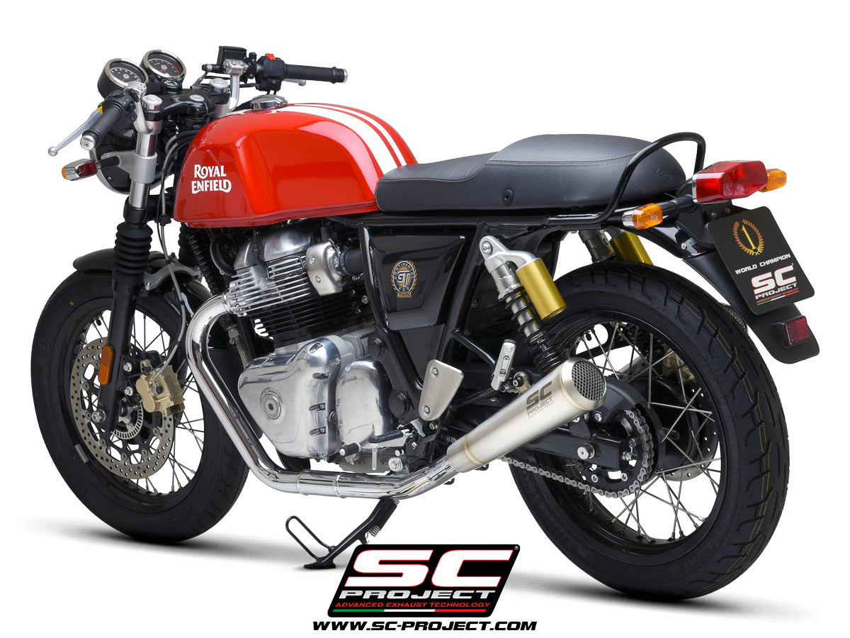 Royal Enfield CONTINENTAL GT 650 (2019 - 2025) Pair of Conico 70s Mufflers, brushed stainless steel, with mesh on output