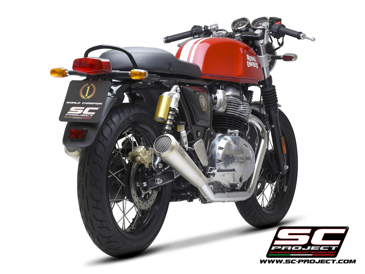 Royal Enfield CONTINENTAL GT 650 (2019 - 2025) Pair of Conico 70s Mufflers, brushed stainless steel, with mesh on output