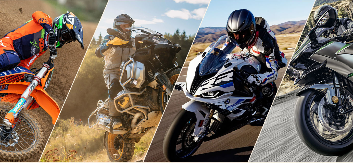 Motorbike actions shots showcasing different brands: BMW, Kawasaki, KTM