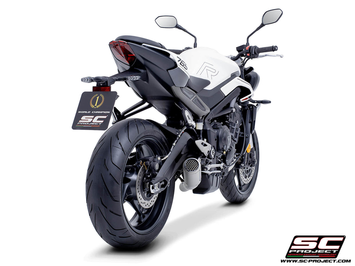 Triumph STREET TRIPLE 765 R - RS (2024-2026) - EURO 5+ 3-1 Stainless steel full exhaust system, with CR-T titanium exhaust with stoneguard grid