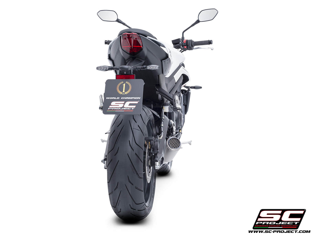 Triumph STREET TRIPLE 765 R - RS (2024-2026) - EURO 5+ 3-1 Stainless steel full exhaust system, with CR-T titanium exhaust with stoneguard grid
