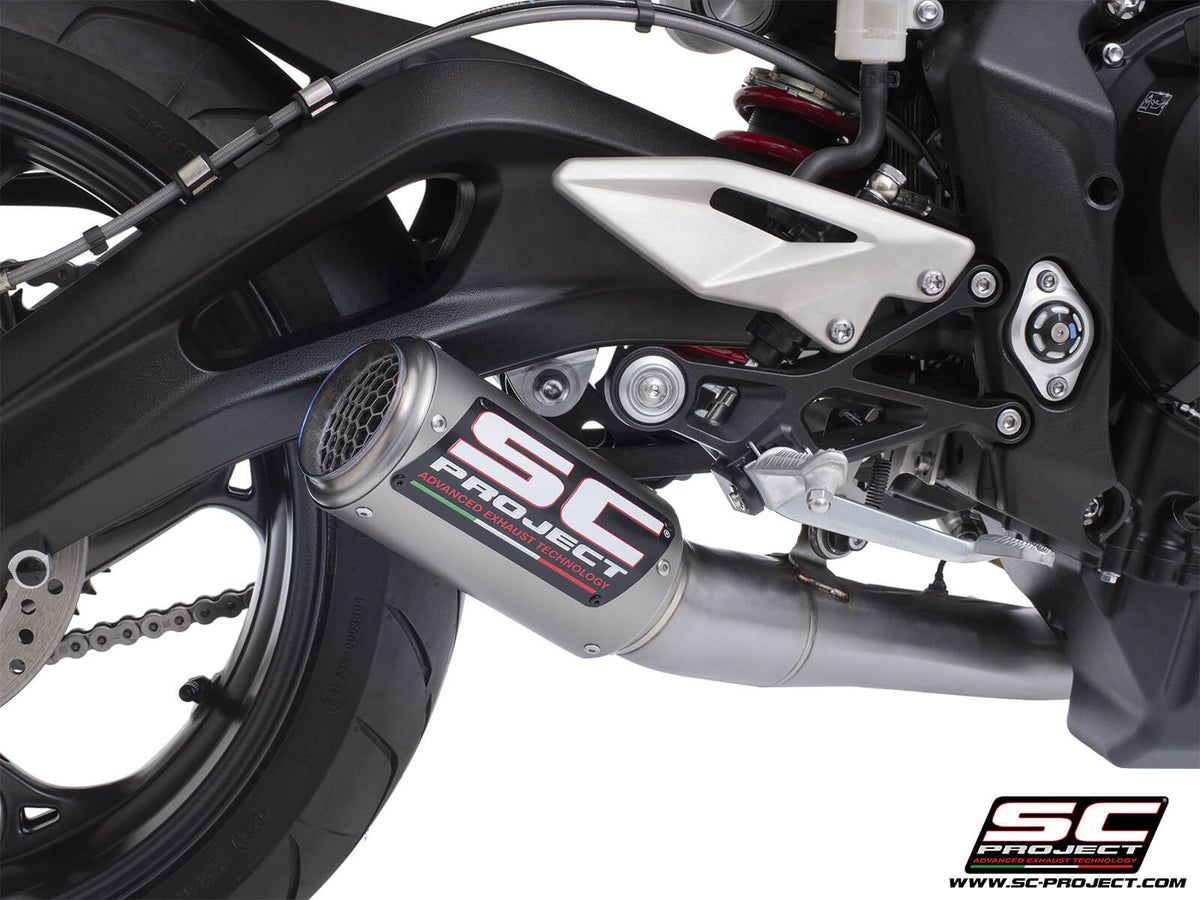 Triumph STREET TRIPLE 765 R - RS (2024-2026) - EURO 5+ 3-1 Stainless steel full exhaust system, with CR-T titanium exhaust with stoneguard grid