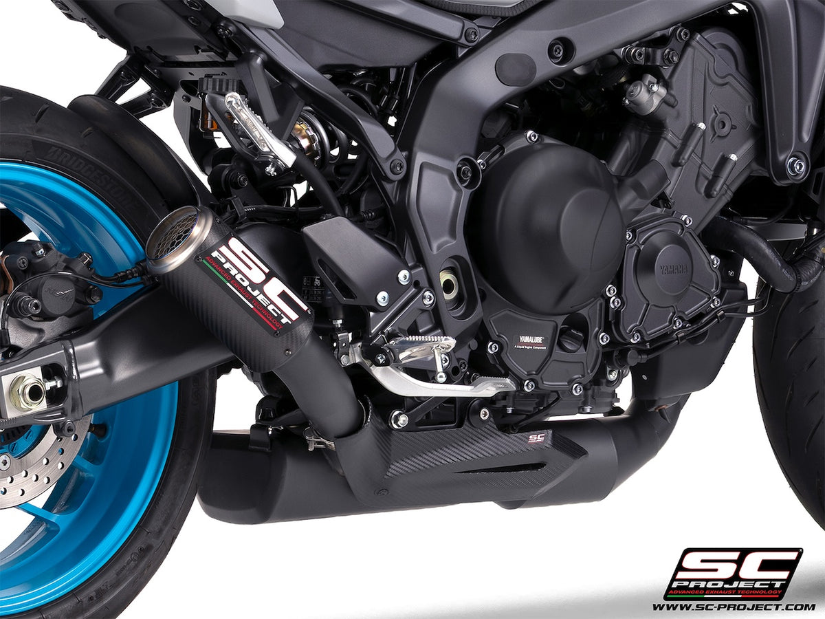 YAMAHA MT-09 (2024-2026) 3-1 stainless steel full exhaust system, matt black, with CR-T carbon fibre exhaust , with stoneguard grid